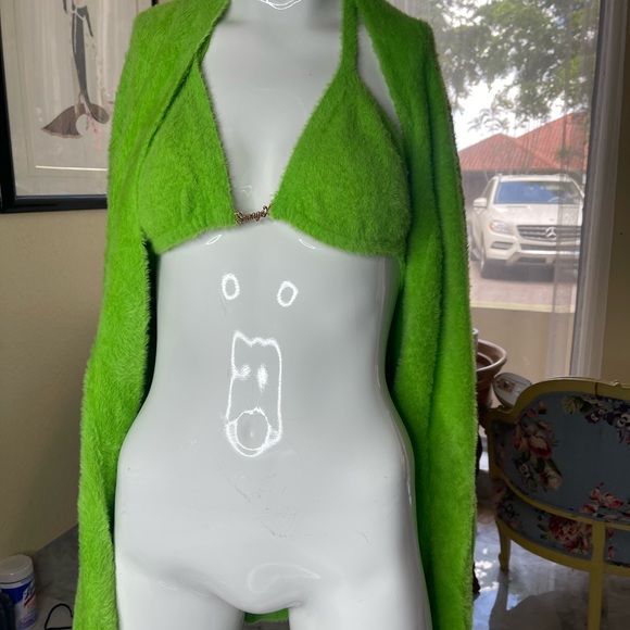 Rihanna Fenty Savage Fuzzy Bikini Lounge Set with Long Cardigan Green Lime Med M - Picture 2 of 6
